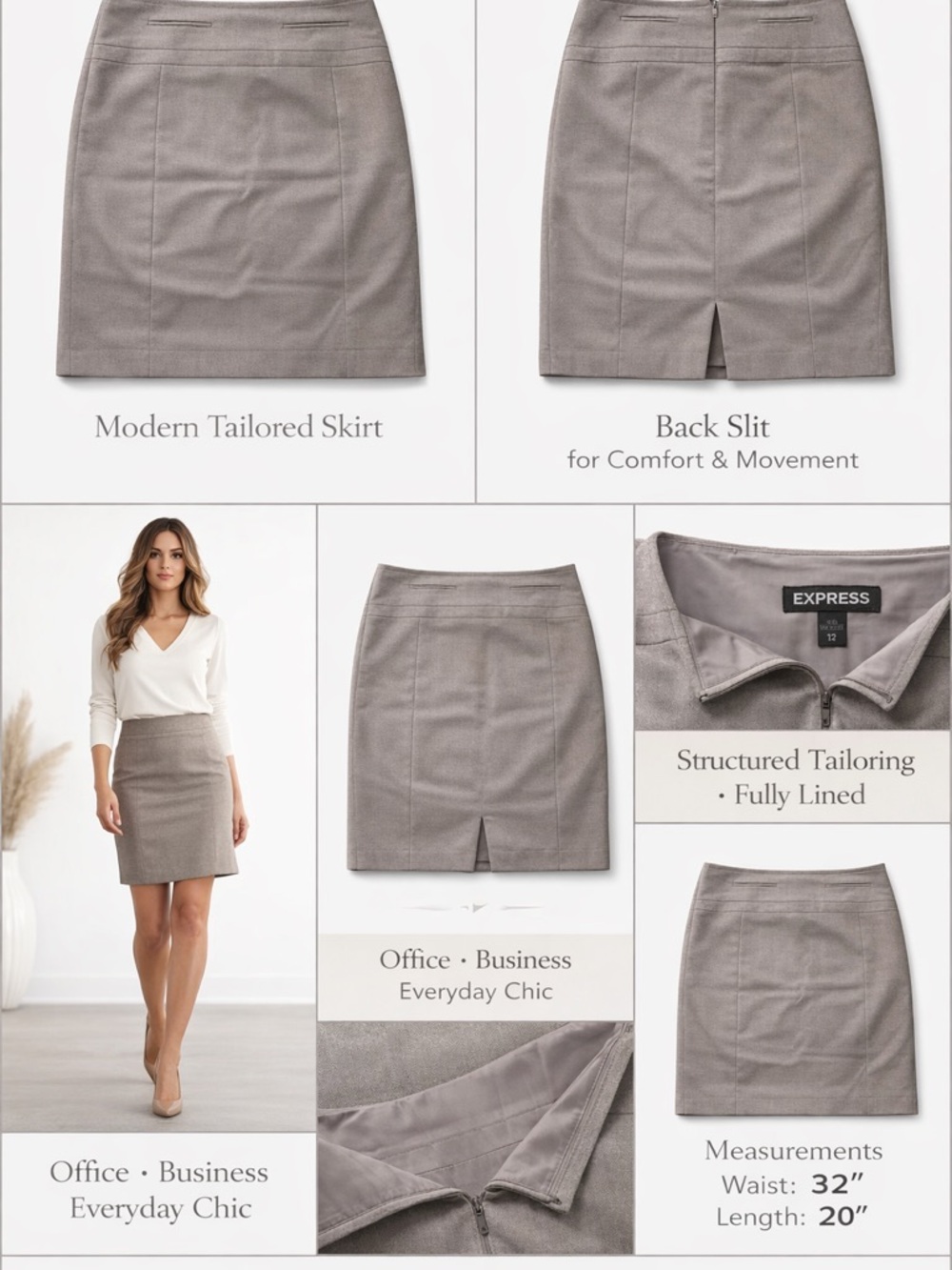Express Pencil Skirt Sz 12 Taupe Beige Career Office Mini Lined Back Slit - Picture 5 of 12